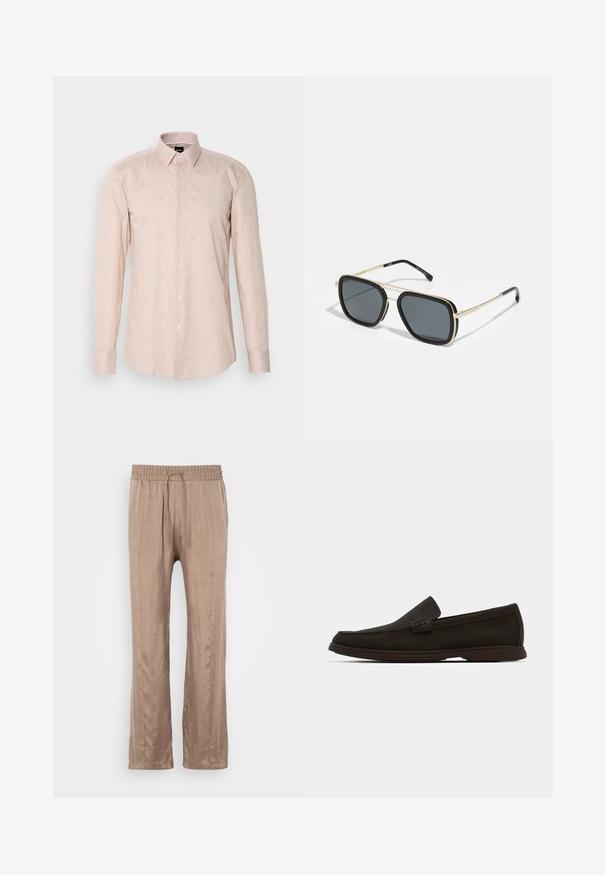 Világos rózsaszín, hosszú ujjas ing, gombos gallérral, diszkrét csíkos mintázattal és hímzett kör alakú motívumokkal.; Világosbarna, bő szárú nadrág sima anyagból, rugalmas derékkal és húzózsinórral, két elülső redővonallal.; Sötétbarna velúr slip-on mokaszin, varrott orral, alacsony profilú gumitalppal és texturált díszítésekkel a felső részen.; Fekete és arany napszemüveg, négyzet alakú, fémből készült kerettel, sötétszürke lencsékkel és fekete karvégekkel. Dupla híd kialakítással rendelkezik.