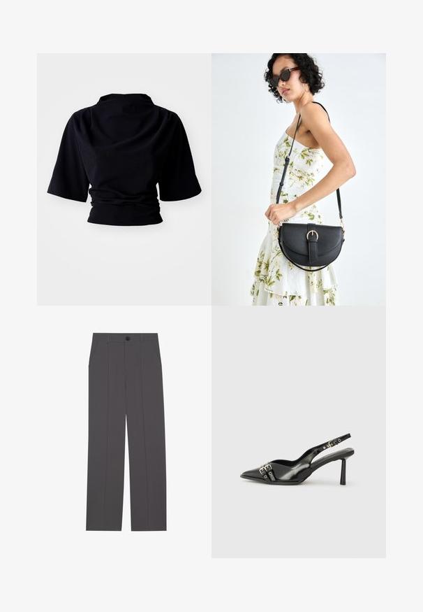 Black cropped top with short sleeves, featuring a gathered texture at the waist and a high neckline, made from soft fabric.; Grey trousers with a straight leg design, featuring two side pockets and a button closure. Smooth fabric with no visible patterns or accents.; Black patent leather slingback shoe with pointed toe, ankle straps featuring silver buckles and hardware, and a slender heel.; Black leather handbag with a curved shape, detachable strap, and gold hardware. The bag features a flap with a buckle detail.