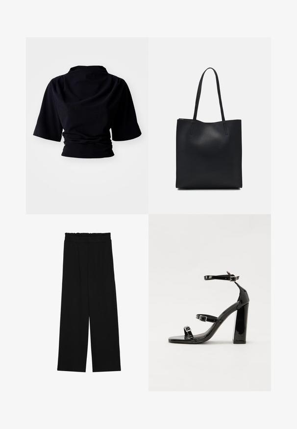 Top corto nero con maniche corte, caratterizzato da una trama arricciata in vita e un collo alto, realizzato in un tessuto morbido.; Pantaloni neri a gamba larga con cintura arricciata, dotati di due tasche laterali e un tessuto liscio e leggero. Nessun motivo visibile o parti metalliche.; Sandali con tacco in vernice nera, con punta squadrata, cinturini alla caviglia e fibbie in argento. Presentano un tacco a blocco spesso per maggiore stabilità.; Borsa tote in pelle nera con texture liscia, forma rettangolare e due manici lunghi. Nessun hardware o decorazione visibile.