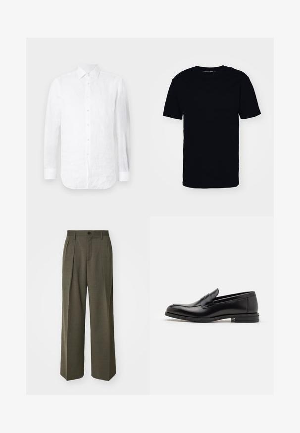 White linen long-sleeve shirt featuring a pointed collar, button front, and curved hem with a slightly textured surface.; Black short-sleeve t-shirt made from cotton. Features a round neckline and a classic fit. No visible patterns or hardware accents.; Filippa K WIDE TROUSERS - Trousers - driftwood; Black leather loafers with a smooth texture, rounded toe, and a decorative strap across the vamp. Low stacked heel, minimalist design.
