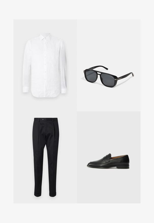 Hvid linned langærmet skjorte med spids krave, knaplukning foran og buet kant, samt en let tekstureret overflade.; Sorte bukser lavet af et glat stof, der har en fold foran, en knaplukning og opsmøg ved anklerne.; Sort læder loafer med rund tå, diskret syning, og lav hæl, der har en glat tekstur og minimalistisk design.; Sorte firkantede solbriller med grå linser, der har slanke guldfinish på stængerne og en mat ramme for et moderne udseende.