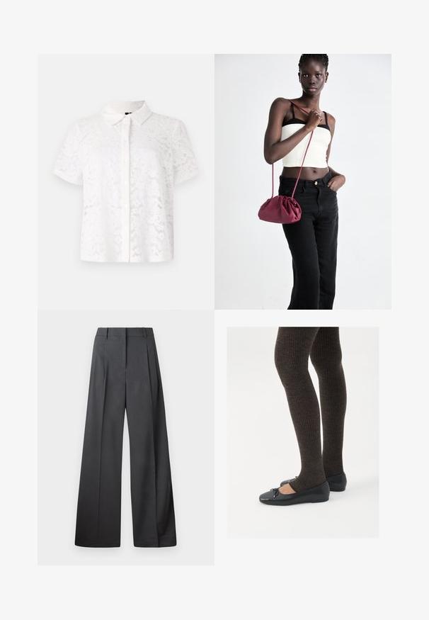 White short-sleeve shirt made of lace fabric, featuring a collar and button-down front, with floral patterns throughout the material.; Wide-leg trousers in dark gray fabric, featuring a high waist, single pleats, and a smooth texture with a clean finish at the hems.; Black flat shoes with a small bow detail at the toe, paired with dark brown ribbed tights. Shoes have a smooth texture and low profile.; Burgundy soft fabric handbag with a gathered design and a long strap, worn crossbody. Model wears a white crop top and black jeans.