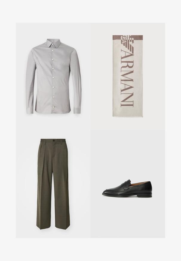 Tiger of Sweden FILBRODIE - Marškiniai - grey blue; Filippa K WIDE TROUSERS - Kelnės - driftwood; Juodas odinis loaferis su apvaliu nosiu, subtiliomis siuvimo detalėmis ir žemu kulnu, pasižymintis lygia tekstūra ir minimalistiniu dizainu.; Kreminės spalvos šalikas su „ARMANI“ logotipu rudos spalvos. Stačiakampio formos, minkštos tekstūros ir su pūkuotais kraštais. Minimalistinio dizaino, aukštos kokybės medžiaga.