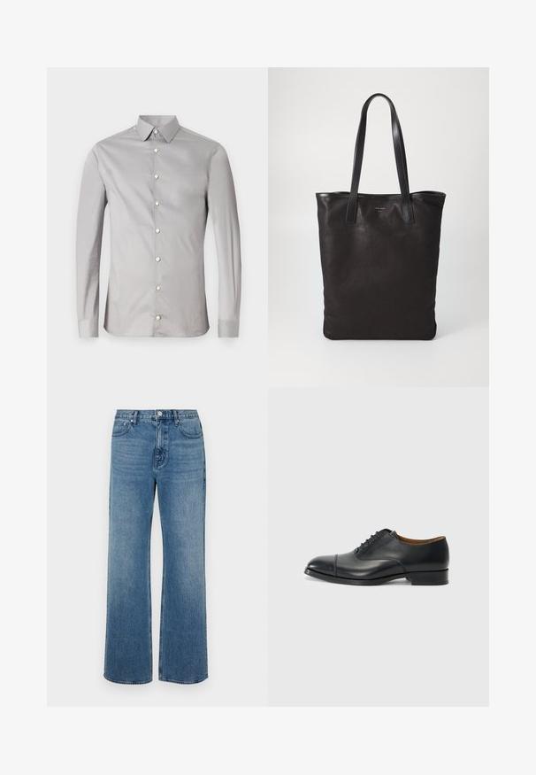 Tiger of Sweden FILBRODIE - Overhemd - grey blue; Brede blauwe jeans van denim met een verouderde afwerking. Heeft vijf zakken, een sluiting met vooraan knoop en een rechte snit.; Zwarte leren dress shoe met een gladde afwerking, ronde neus, vijf gaten voor veters, en een lage blokhak. Minimalistisch ontwerp met subtiele stiksels.; Zwarte canvas schoudertas met zwarte leren handvaten. Eenvoudig ontwerp, ruime body en een gladde textuur. Geen zichtbare logo's of patronen.