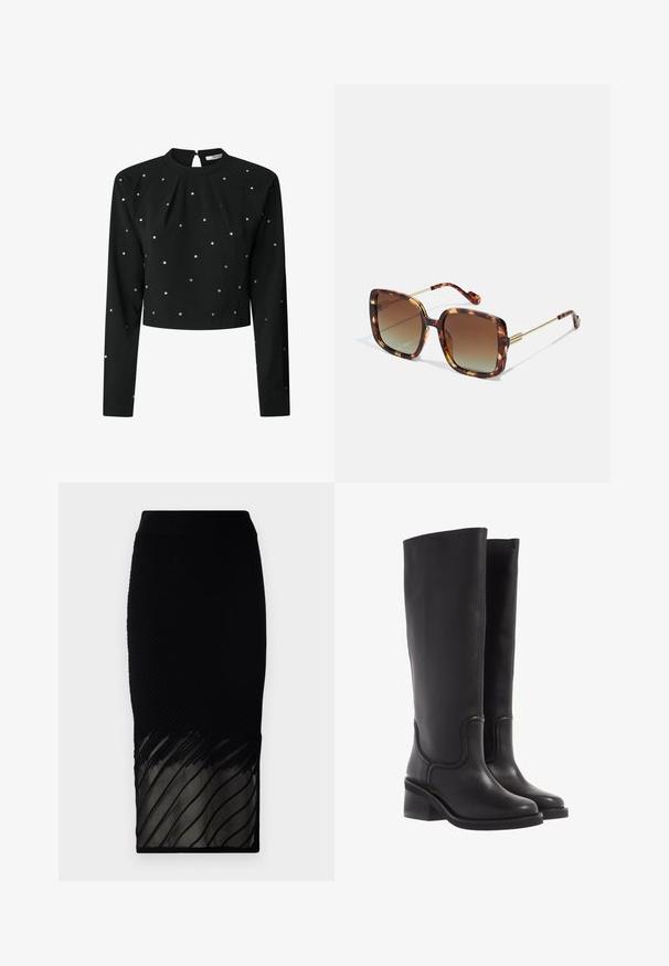 Melnas, garām piedurknēm augšdaļa ar augstu kaklu un atslēgas caurumu aizmugurē, ar izkaisītiem rhinestones un īsu dizainu. Izgatavots no gludas auduma.; Melnā svārku ar ribota tekstūra, kuram ir caurspīdīga apakša ar horizontālām svītrām. Dizains ir cieši pieguļošs un stiepjas līdz vidusskaitam.; Melnas ādas ceļgala augstuma zābaki ar gludu tekstūru, noapaļotu purngalu un masīlu papēdi. Iespējotas diskrētas dūriena šuves un plūstoša dizaina.; Brūnas bruņurupuča stila saulesbrilles ar kvadrātveida formu, ar gradienta lēcu un zelta metāla akcentiem uz tempļiem un rokām. Teksturēta virsma.