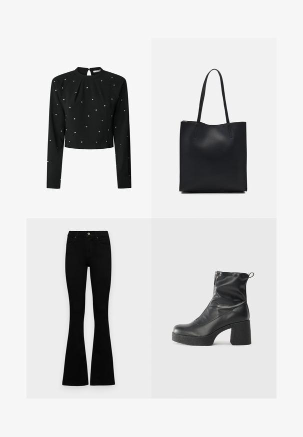 Top nero a maniche lunghe con colletto alto e schiena a chiave, decorato con strass sparsi e dal design cropped. Realizzato in tessuto morbido.; Jeans neri a vita alta con chiusura a bottoni e zip, tasche frontali e gambali svasati, distesi su uno sfondo bianco.; Stivali neri alla caviglia in pelle liscia, con zip laterale, tacco spesso e texture, e punta arrotondata.; Borsa tote in pelle nera con texture liscia, forma rettangolare e due manici lunghi. Nessun hardware o decorazione visibile.