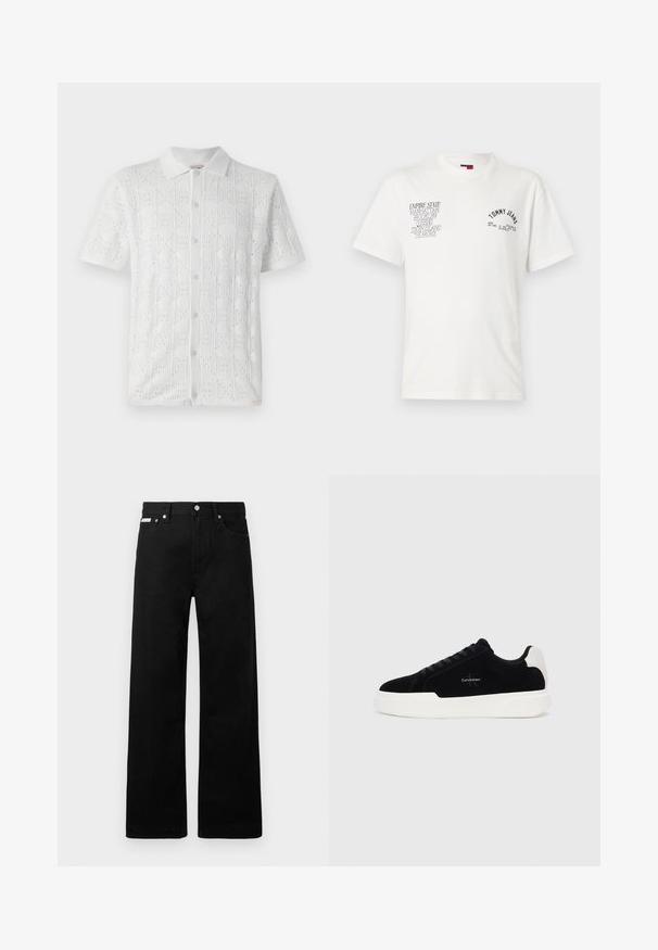 Balta trumpomis rankovėmis marška su tekstūruotu tinkleliu ir mažomis perforacijomis, turinti apykaklę ir penkis priekinės dalies mygtukus.; Balta medvilninė T-negdanė su trumpomis rankovėmis. Kairėje krūtinės pusėje yra grafiškas tekstas: "TOMMY JEANS" ir miestų pavadinimai mustu juodu siuvinėjimu.; Juodos džinsinės kelnės su plačiu kojų dizainu, turinčios penkias kišenes ir metalinius sagčių akcentus. Lygus paviršius, be matomų raštų.; Juodos žemos sportinės bateliai su balta padais ir kulno juostele, susirišami priekyje, su Calvin Klein logo šone.