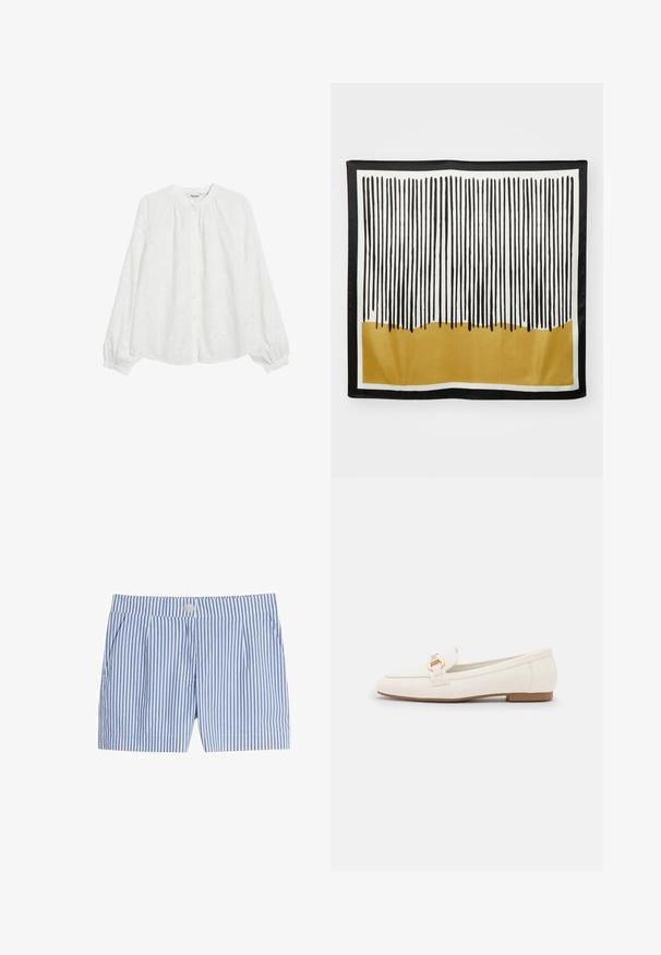 White long-sleeve blouse made of textured fabric, featuring a round neckline, full sleeves with elastic cuffs, and central button closure.; Blue and white striped shorts featuring a button closure, pleats, and a smooth fabric texture. Short length cut with side pockets.; White leather loafers with a flat sole, featuring a gold-tone buckle detail and a smooth finish. Classic design with simple lines.; Silk scarf featuring vertical black lines on a white background, with a golden lower section and a solid black border.