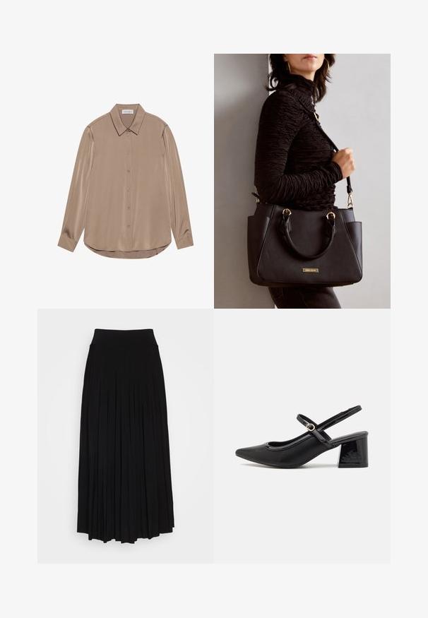 Blusa a maniche lunghe in satin taupe con colletto a punta, chiusura frontale con bottoni e orlo arrotondato. Texture liscia e vestibilità sagomata.; Gonna nera plissettata con vita alta e elastica. Realizzata in tessuto morbido, presenta plissettature verticali per una silhouette fluida.; Décolleté in vernice nera con cinturino dietro, punta affusolata, design con ritagli arrotondati e tacco a blocco. Presenta un accento di fibbia tono oro.; Borsa nera con superficie texturizzata, manici superiori doppi e tracolla regolabile. Dotata di hardware color oro e tasche laterali.