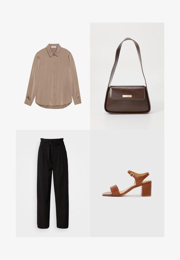 Ilga rankovė blusa iš taupe satino su smailiu apykakliu, priekiniais mygtukais ir apvaliu kraštu. Lygus paviršius ir pritaikyta forma.; Juodi kelnes aukštu liemeniu su plačiomis kojomis, turinčios priekinės raukšles ir audinio diržą su apvaliu sagtimi. Lygus tekstūra ir pritaikytas dizainas.; Rudos odinės suknelės sandalai su keturkampiu pirštu, reguliuojama kulkšnies dirželiu ir bloko kulnu. Glotnus paviršius ir minimalus dizainas.; Ruda odinė petinė kuprinė, turinti struktūrizuotą formą, su magnetine užtrauktuku ir metaliniu logotipu priekyje.