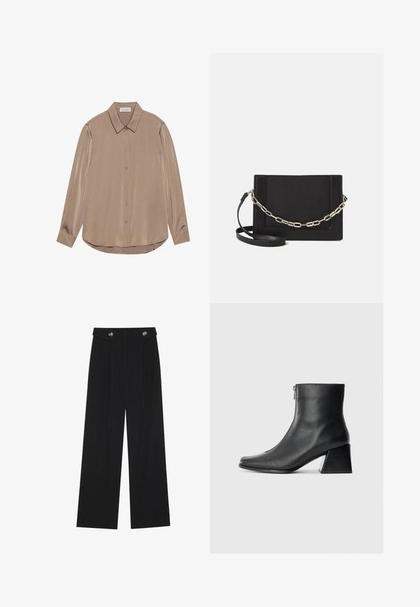 Blusa a maniche lunghe in satin taupe con colletto a punta, chiusura frontale con bottoni e orlo arrotondato. Texture liscia e vestibilità sagomata.; Pantaloni neri a gamba larga con vita alta, dettagli con bottoni in vita e pieghe frontali.; Stivaletto in pelle nera con punta quadrata, cerniera laterale e tacco squadrato su sfondo chiaro uniforme.; Borsa a tracolla nera in pelle con una texture liscia, forma rettangolare e dettaglio in catena metallica sul davanti. Inclusa una tracolla regolabile.