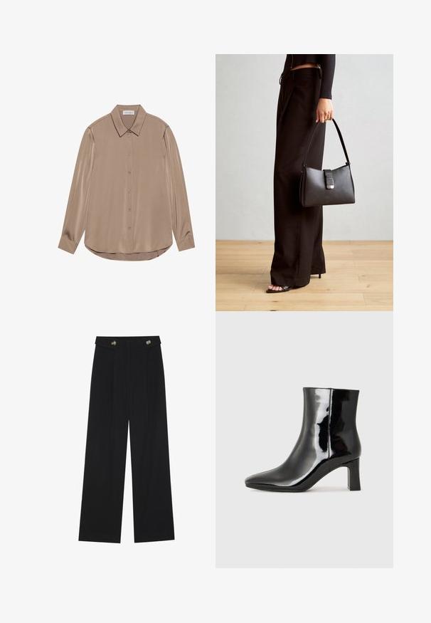 Bluzica dugih rukava u taupe satenu s oštrom kragnom, prednjim zatvaranjem na gumbi i zaobljenim rubom. Glatka tekstura i oblikovani kroj.; Crne hlače širokih nogavica s visokim strukom, s dugmadi na pojasu i prednjim nabora.; Crne lakirane kožne gležnjače s šiljastim prstom i srednje visokom blok petom. Glatka tekstura i minimalistički dizajn.; Crna torba s oblikom koji sadrži strukturu, glađu teksturu i metalnu kopču. Uparena s širokim crnim hlačama i sandalama na otvorenom s drvenog poda.