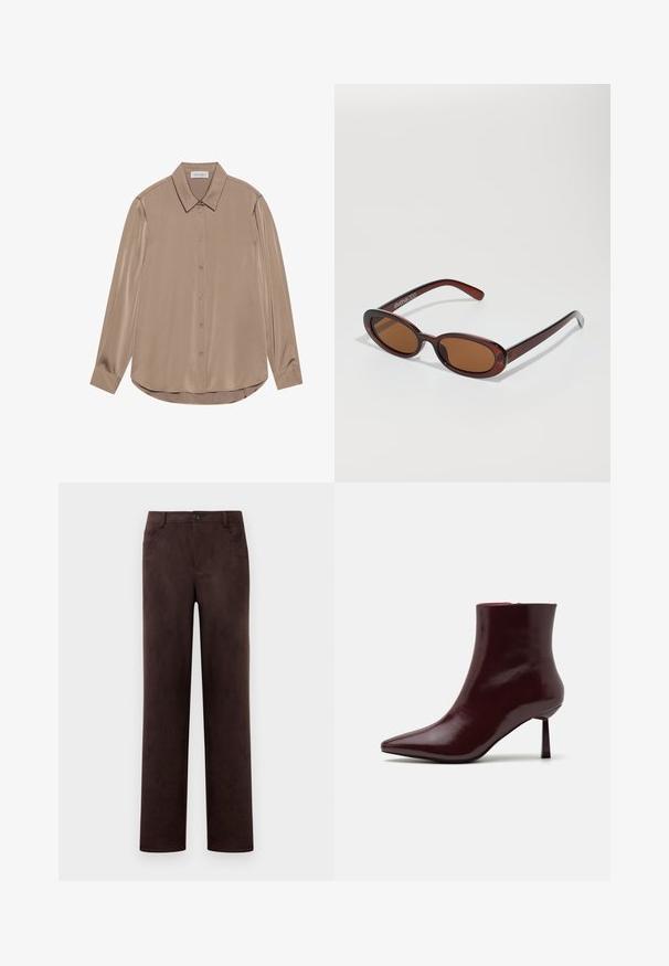 Långärmad blus i taupe satäng med en spetsig krage, framknappning och rundad nederkant. Slät textur och skräddarsydd passform.; Raka mörkbruna mockabyxor med knapp- och dragkedjestängning framtill, bälteshällor och sidofickor.; Burgundy lackläder ankelstövel med spetsig tå och smal stilettklack, med en mjuk, glänsande yta och minimalistisk design.; Runda, bruntonade solglasögon med en glansig bordeauxfärgad ram. Smala bågar med subtilt varumärkesdetalj. Platt linsdesign.; Vävd burgunderfärgad handväska med rund form och ett enda handtag, med en strukturerad yta och ett elastiskt dragsnöre som stängning.