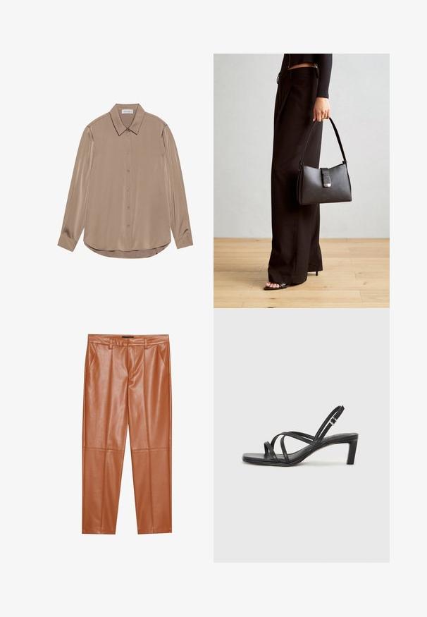 Blusa de manga larga en satén topo con cuello puntiagudo, cierre de botones en la parte delantera y dobladillo redondeado. Textura suave y ajuste entallado.; Pantalones de imitación de cuero marrón con un corte entallado, que presentan pliegues frontales y piernas rectas. Textura suave sin herrajes o acentos visibles.; Sandalia negra de tiras con punta cuadrada y tacón bajo de bloque. Presenta múltiples tiras delgadas y una correa ajustable en el tobillo. Fabricada en cuero suave.; Bolso negro con forma estructurada, textura suave y un cierre metálico. Combinado con pantalones anchos negros y sandalias de dedo en un suelo de madera.