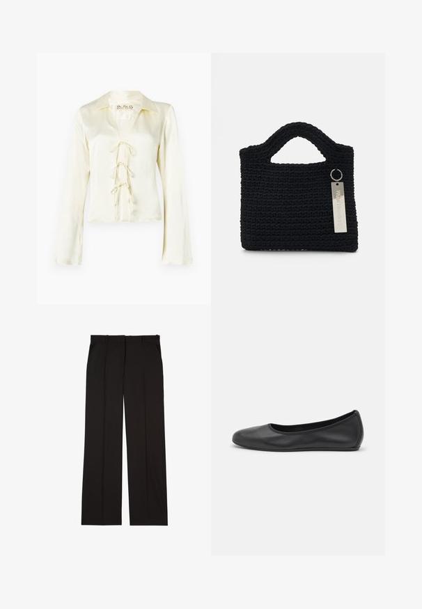 Blusa cream a maniche lunghe con colletto e scollatura a V, caratterizzata da un'interfaccia in pizzo con tre legature in tessuto e una texture liscia e setosa.; Pantaloni neri su misura realizzati in un tessuto liscio, con un design a gamba dritta e due tasche laterali. Costruzione elegante e minimalista.; Pantofole da balletto nere in pelle con punta arrotondata, texture liscia, dettagli di cucitura minimi e design con suola flessibile.; Won Hundred MARSIELLE COMPUTER BAG UNISEX - Borsa porta PC - black