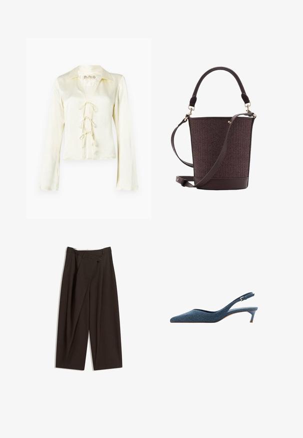 Blouse crème à manches longues avec un col et un décolleté en V, présentant un devant à lacets avec trois liens en tissu et une texture lisse et soyeuse.; Pantalons larges marron foncé à taille haute, dotés d'une fermeture à un bouton et d'un devant plissé. Confectionnés en tissu léger.; Sandales à talons en denim avec un bout pointu et un talon bas et fin. Caractéristiques d'un tissu texturé bleu foncé et d'un design élégant et épuré.; Sac seau tissé marron avec un fond en cuir lisse, une poignée supérieure et une bandoulière réglable. Présente des accents en métal doré.