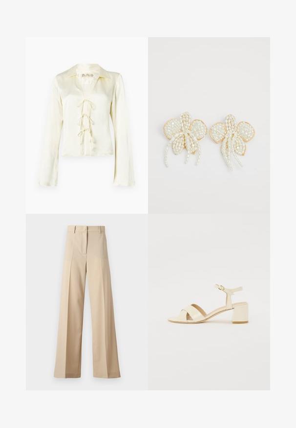 Roomkleurige blouse met lange mouwen, een kraag en een V-halslijn, met een vetersluiting aan de voorkant met drie stoffen strikken en een gladde, zijden uitstraling.; Beige wijde broek gemaakt van gladde stof, met een flatte voorkant met plooien, een rits en riemlussen. Over het geheel een getailleerde pasvorm.; Beige gepolijst lederen sandalen met hakken, voorzien van een kruisbandontwerp, open teen, verstelbare enkelband en een blokhak. Gladde textuur.; Parel bloem oorbellen met gouden accenten. Elke bloemblad bevat kleine, ronde parels in een bloemontwerp, met hangende pareldetails.
