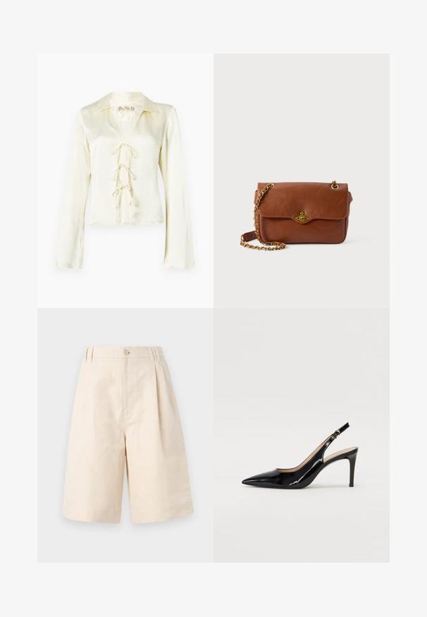 Roomkleurige blouse met lange mouwen, een kraag en een V-halslijn, met een vetersluiting aan de voorkant met drie stoffen strikken en een gladde, zijden uitstraling.; Beige linnen shorts met een relaxte pasvorm, voorzien van een knoopsluiting, geplooid ontwerp en knie-lange snit. Glad textuur en eenvoudig stijl.; Zwarte gepatineerde leren slingback pump met een puntige neus, slanke hak en een subtiel uitgesneden ontwerp. Bevat een gouden gesp op de band.; Bruin leren schoudertas met een klepje, gouden hardware en een kettingband. Gladde textuur, rechthoekige vorm, minimale details.