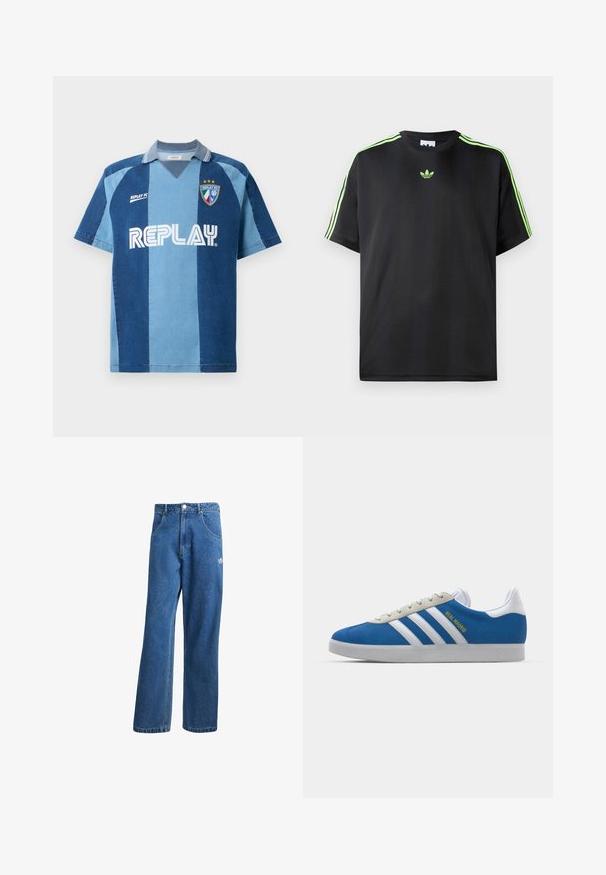 Jersey inspirado em denim com mangas curtas, apresentando um design listrado em azul escuro e azul claro, gola em V e o logo "REPLAY" em destaque.; T-shirt preto feito de tecido liso com decote redondo, apresentando três riscas verdes nos ombros e um pequeno logo verde no peito.; Calças de ganga azul com cintura alta e perna larga, com bolsos frontais, passadores de cinto, fecho de botão e pequeno logótipo da Adidas na coxa direita.; adidas Originals ADIDAS GAZELLE SHOES - Botas de futebol de salão - real madrid/bluebird/footwear white/crew yellow