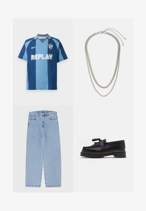 Jersey inspirado em denim com mangas curtas, apresentando um design listrado em azul escuro e azul claro, gola em V e o logo "REPLAY" em destaque.; Jeans de denim azul claro com design de perna reta, apresentando uma cintura de altura média, cinco bolsos e um fecho de botão e zíper.; Mocassim de couro preto com um detalhe de franjas, apresentando uma sola preta robusta e costura amarela ao longo da borda. Acabamento texturizado.; Colar de metal prateado em três camadas, com correntes flexíveis e elegantes que possuem um leve brilho, fechado com um fecho de lagosta e corrente ajustável.