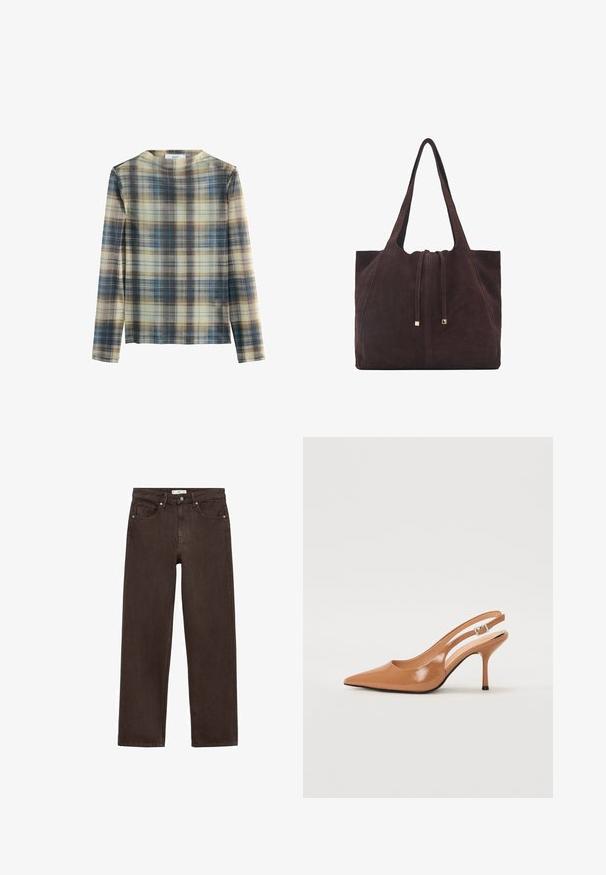 Langärmliges Oberteil im Karomuster mit Beige-, Blau- und Brauntönen. Weiches Material mit rundem Ausschnitt und geradem Schnitt.; Braune weit geschnittene Jeans aus Denim, mit einem klassischen Fünf-Taschen-Design, Knopfverschluss und dezenten Stichdetails.; Spitz zulaufender Slingback-Absatz aus einem glatten, glänzenden, tanfarbenen Material. Mit einem geschwungenen Ausschnitt-Design und einem schlanken Stiletto-Absatz. Silberne Schnallendetails.; Mango Shopping Bag - dark brown