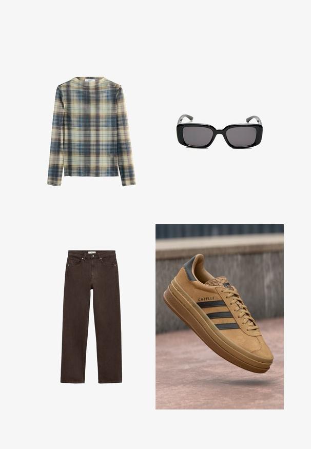 Long-sleeved top in a plaid pattern featuring shades of beige, blue, and brown. Soft material with a round neckline and straight cut.; Brown wide-leg jeans made from denim, featuring a classic five-pocket design, button closure, and subtle stitching details.; Tan suede sneakers with a smooth texture, featuring three dark stripes, a rounded toe, and a thicker sole with a patterned edge.; Black rectangular sunglasses with dark lenses, smooth plastic frame, and curved temples. The design is chunky with a minimalist aesthetic.; Black leather tote bag with a structured shape, dual handles, and gold hardware accents. Features a smooth texture and a decorative tag.