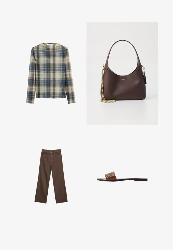 Langærmet top i et ternet mønster med nuancer af beige, blå og brun. Blødt materiale med en rund halsudskæring og lige snit.; Bredde ben brun denim jeans med høj talje, forlommer og klassisk knaplukning. Glat tekstur med diskret syninger.; Brun lædersandal med flad sål, der har en bred rem og hvide geometriske detaljer for et minimalistisk design.; COACH BROOKLYN SHOULDER BAG 23 - Håndtasker - maple