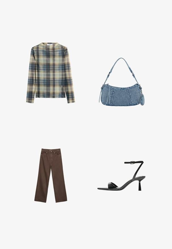 Long-sleeved top in a plaid pattern featuring shades of beige, blue, and brown. Soft material with a round neckline and straight cut.; Wide-leg brown jeans made of denim, featuring a high waist, front pockets, and a classic button closure. Smooth texture with subtle stitching.; Bershka High heeled sandals - black; Denim handbag with a curved shape, light blue color, adjustable shoulder strap, and a small detachable pouch with metallic accents.
