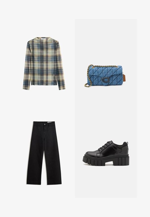 Dugih rukava majica u kariranom uzorku sa nijansama bež, plave i smeđe. Mekani materijal s okruglim izrezom i ravnim krojem.; Crne široke traperice s visokim strukom, s prednjim i stražnjim džepovima, šivenim šavovima i kopčanjem na gumb. Glatka tekstura.; Crne kožne platforme s debelim blok-peta, okruglim prstima i klasičnim dizajnom vezanja. Imaju gladak tekstur i minimalne detalje.; Plava ispunjena torba od denima s remenom od zlatnog lanca i istaknutim zlatnim logotipom sprijeda. Kompaktni pravokutni oblik.