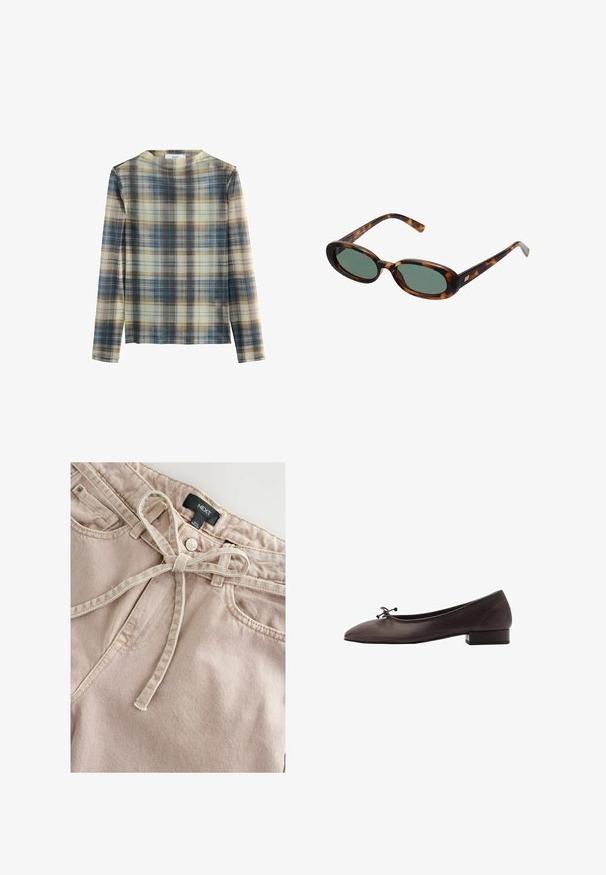 T-shirt à manches longues en motif écossais avec des nuances de beige, bleu et marron. Matière douce avec un col rond et une coupe droite.; Pantalons en coton rose clair avec une coupe flat front, ceinturon à nœud papillon et texture subtile. Comprend une fermeture à bouton et des poches avant. Étiquette : NEXT.; Ballerines en cuir brun avec un bout rond et un petit talon carré. Présentent un fin nœud à l'avant et des détails de couture subtils.; Lunettes de soleil en écaille de tortue avec des montures ovales et des verres verts. Elles présentent des branches fines avec un accent métallique près des charnières.; Sac en bandoulière jaune tissé avec une anse supérieure cintrée et une forme non structurée. La surface texturée présente un motif entrecroisé.