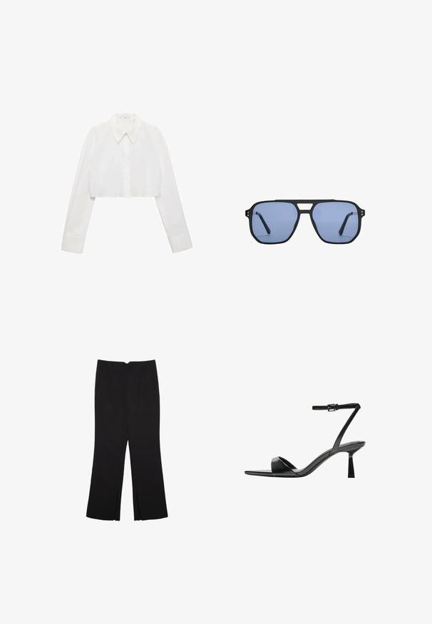 Mango Camicia - off-white; Pantaloni neri a gamba dritta, con tasche frontali e spacchi laterali all'orlo. Realizzati in tessuto morbido e liscio. Adatti a diverse occasioni.; Bershka Sandali con tacco - black; Stradivarius RETRO - Occhiali da sole - light blue