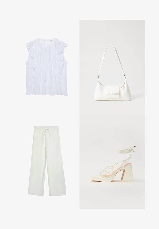 Hellbluse mit Streifen, rundem Ausschnitt, Rüschenschultern und einem Schlüsselloch-Rücken. Der Stoff ist weich und leicht.; Weiße, weit geschnittene Hose aus weichem Stoff. Mit einem elastischen Bund und einem Kordelzug sowie einer glatten Oberfläche. Keine sichtbaren Muster oder Hardware.; Weiße High-Heel-Sandale mit einem klobigen Absatz, die über ein Riemchendesign und ein Knöchelband verfügt. Glatte Textur mit einer Plattform vorne für zusätzliche Höhe.; Weiße synthetische Handtasche in dreieckiger Form, flache Vorderklappe und Schleifendetail, verstellbarer Trageriemen, glatte Textur und minimalistisches Design.