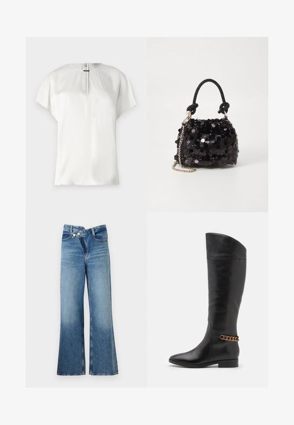 Biela blúzka s krátkym rukávom a okrúhlym výstrihom a jemným predným rozparkom. Hladká, ľahká tkanina s jemnou textúrou a voľným strihom.; Svetlomodré denimové nohavice s rozšírenými nohavicami a vysokým pásom, so dvoma gombíkmi a prednými vreckami. Materiál má vyblednutú textúru s jemnými variáciami.; Vysoké čierne kožené čižmy so štíhlym dizajnom, špicatou špičkou a zlatým reťazovým akcentom na členku. Nízky blokový podpätok. Hladká textúra.; Čierna mini kabelka so štrasom, s uzlovým textúrovaným popruhom a strieborným reťazom. Guľatý tvar s riaseným vrchom a reflexnými detailmi.