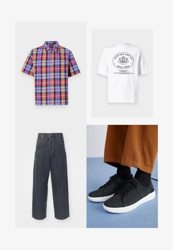 Camicia a maniche corte a quadri con più colori tra cui blu, rosso e marrone, dotata di due tasche sul petto e colletto dritto.; T-shirt in cotone bianco con una grafica circolare nera che presenta "New Era Cap Co" e un design con scudo, insieme a un testo che dettaglia la qualità dal 1920.; Jeans in denim blu scuro a gamba ampia con una sottile texture strappata, cinque tasche e una chiusura classica con bottone e zip in vita.; Sneakers in suede nera con suole in gomma bianca, dotati di un design con lacci, accenti testurizzati e branding sottile, abbinati a pantaloni marroni.