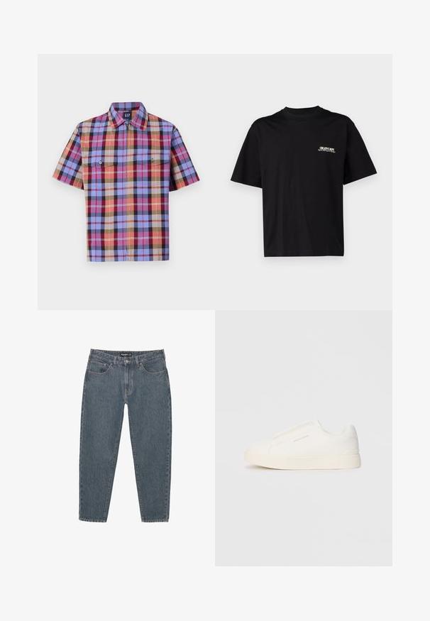 Koszula w kratę z krótkim rękawem w wielu kolorach, w tym niebieskim, czerwonym i brązowym, z dwiema kieszeniami na piersi oraz prostym kołnierzykiem.; Czarna bawełniana koszulka z krótkim rękawem, okrągłym dekoltem i nadrukiem na lewej piersi w białym i złotym kolorze, o luźnym kroju.; Granatowe jeansy z luźnym krojem, pięcioma kieszeniami, zapięciem na guzik i lekko postrzępionym dołem. Trwały materiał o subtelnej teksturze.; Białe sneakersy wsuwane z teksturowanej powierzchni, grubą podeszwą i minimalistycznym designem. Zawierają logo marki z boku.