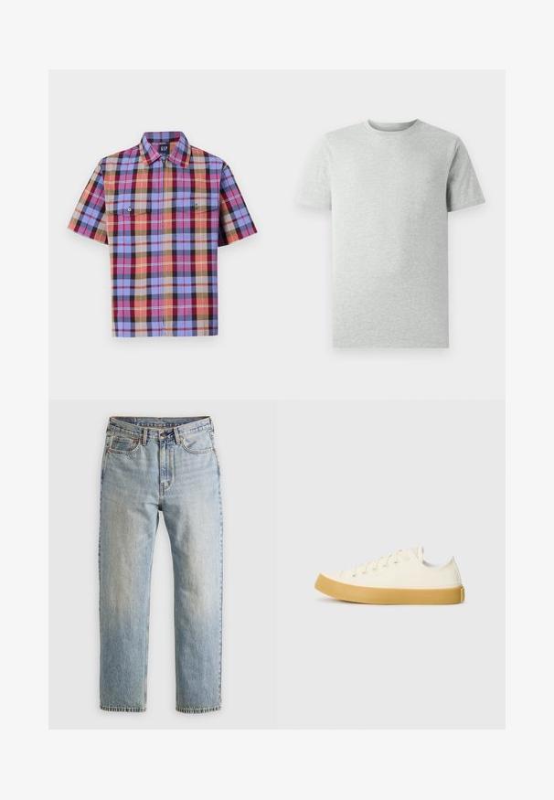 Kortärmad rutskjorta i flera färger, inklusive blått, rött och brunt, med två bröstfickor och en rak krage.; En enkel ljusgrå kortärmad T-shirt med rund hals visad mot en vit bakgrund, framifrån utan synliga logotyper eller mönster.; Ljusblå denimjeans med hög midja, framknäppning, dragkedja och femficksdesign, placerade platt på en neutral bakgrund.; Canvas sneakers i off-white med rund tå, med beige gummisulor och fem öglor för snören, texturerad finish på ovandelen.