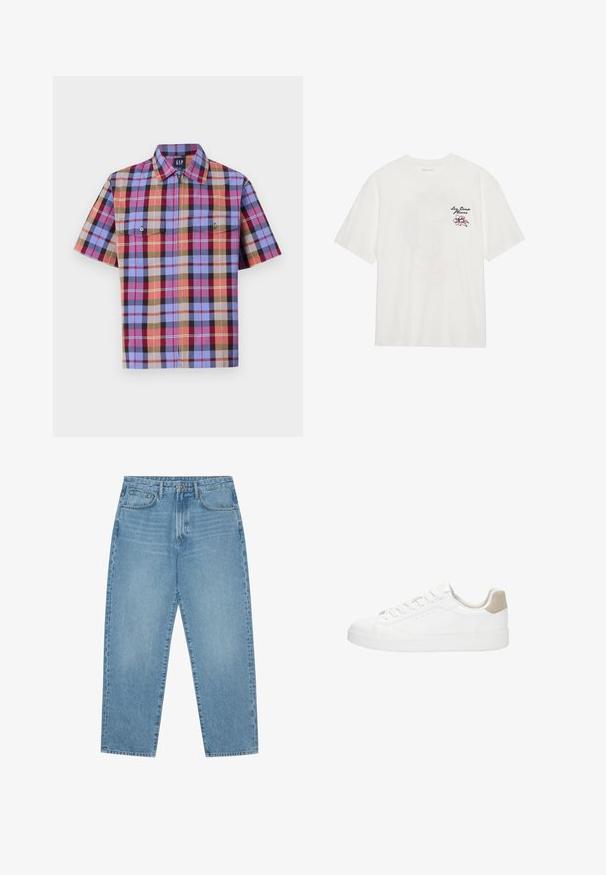 Srajca s kratkimi rokavi v karirastem vzoru, ki vključuje več barv, vključno z modro, rdečo in rjavo, z dvema žepoma na prsih in ravnim ovratnikom.; Bela bombažna majica s kratkimi rokavi in okroglim ovratnikom, z vezenim cvetličnim vzorcem v roza in črni barvi na levem prsnem delu.; Svijetloplavi traper široki traperice s visokim strukom, s pet džepova, petljama za remen i mekom, pomalo izblijedjelom teksturom.; Bele teneške z gladkim usnjenim zgornjim delom in okroglo konico. Imajo peščeno suknjično peto, ravne vezalke in belo gumijasto podplat.