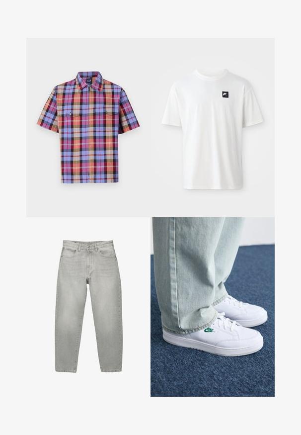 Srajca s kratkimi rokavi v karirastem vzoru, ki vključuje več barv, vključno z modro, rdečo in rjavo, z dvema žepoma na prsih in ravnim ovratnikom.; Bela bomba iz 100% bombaža s kratkimi rokavi in okroglim izrezom; na levem prsnem delu ima majhen črn pravokotni logotip Nike Air.; Svetlo sivi traper hlače s udobnim krojem, srednjim strukom, dizajnom s pet džepova i ravnim nogavicama. Glatka tekstura s blagim izblijedjenjem.; Bela usnjena športna obutev z zelenim Nike logotipom, okrogla konica, ravna podplat, v kombinaciji z svetlo modrimi kavbojkami, prikazana na modrem preprogu.
