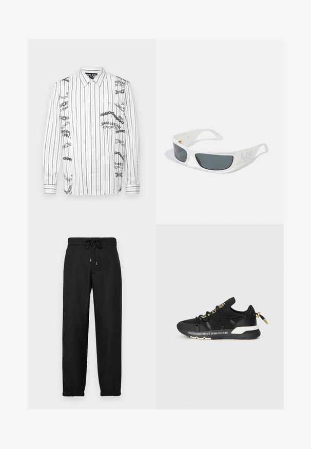Biała koszula z długim rękawem w czarne pionowe paski, z graficznymi nadrukami i tekstem po lewej stronie oraz kieszonką na piersi.; Czarne dresy wykonane z miękkiego materiału, z elastycznym paskiem w talii i sznurkiem, zwężanymi nogawkami oraz elastycznymi mankietami przy kostkach.; Czarne sportowe sneakersy o smukłym designie, z złotym brandingiem, elastycznymi sznurowadłami oraz teksturowaną podeszwą z białymi akcentami.; Białe okulary przeciwsłoneczne z szarymi szkłami, prostokątny kształt i teksturowane akcenty po bokach. Posiadają złote detale.