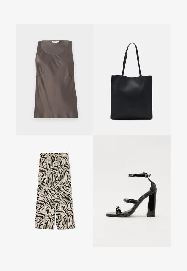 Ruskea satiininen hihaton toppi, jossa on pyöreä pääntie ja pehmeät laskokset sivuilla. Sisällä näkyvissä oleva lappu, jossa on brändin nimi "WEEKDAY."; Valkoisella taustalla olevat väljät housut, joissa on voimakas musta abstrakti seepra-kuvio. Varustettu joustavalla vyötärönauhalla ja sileällä pinnalla.; Musta kiiltävä korkokenkä sandaalit neliönmuotoisella varpaalla, nilkkaremmillä ja hopeisilla soljilla. Varustettu tukevalla lohkokorkealla vakauden takaamiseksi.; Mustapahkainen kangaskassi, jossa on sileä pinta, suorakaiteen muotoinen ja kaksi pitkää kahvaa. Ei näkyvää metalliosaa tai koristeita.