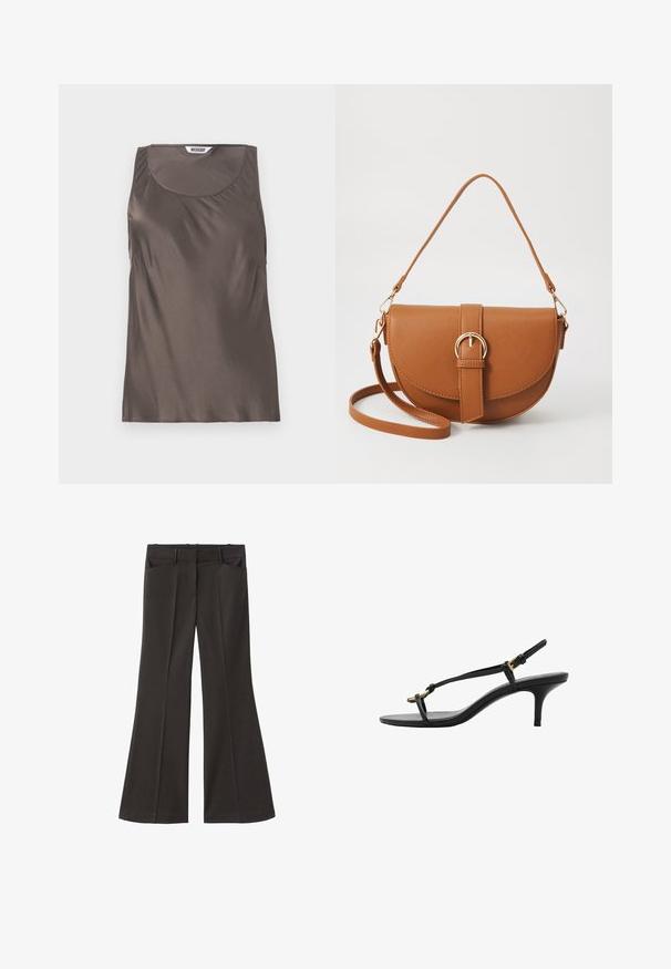 Rjava satenasta brezrokavna majica z okroglo izrezom in mehkim drapiranjem ob straneh. Notranja etiketka z imenom blagovne znamke "WEEKDAY."; Črne razširjene hlače z visokim pasom; vključujejo dva sprednja žepa in gladko teksturo tkanine. Primerne za različne priložnosti.; Črne usnjene sandale s kitten peto, tankimi trakovi, zlate zaponke in minimalistično zanko za prste na beli podlagi.; Rjava usnjena torbica prek telesa s ukrivljeno obliko, zlate opreme in sponko. Ima odstranljiv naramni trak.