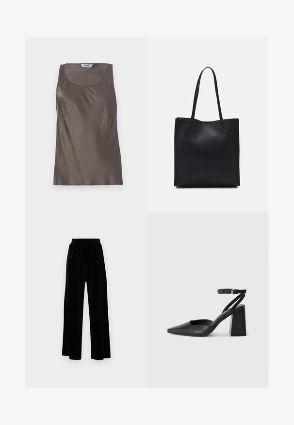 Pruun satiinist ilma varrukateta top, ümarate kaelustega ja pehme voolamisega külgedel. Siseetikett, millel on brändi nimi "WEEKDAY."; Mustad laiad püksid, mis on valmistatud pehmest sametist, elastse vöökoha ja siledaga, ilma nähtavate detailide või mustriteta.; Mustmustest must-käigukingad, millel on konksuga nöör ja paks konts. Ühtlane tekstuur, stiilne disain ja minimalistlik esteetika.; Mustast nahast kott sujuva tekstuuriga, ristkülikukujuline ja kahe pika sangaga. Pole nähtavat riistvara ega kaunistusi.