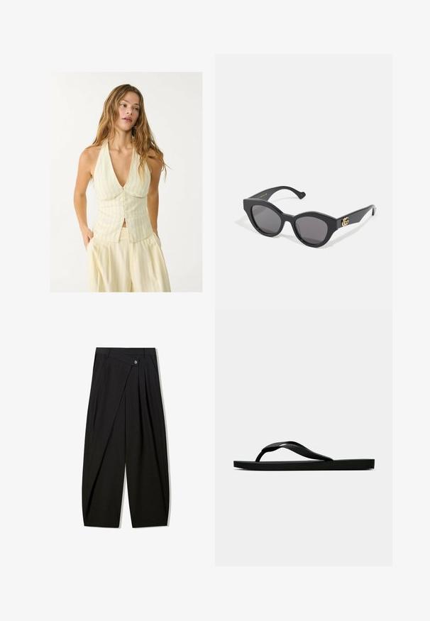 Top con collo all'americana di un giallo chiaro con righe verticali, caratterizzato da una profonda scollatura a V e chiusura frontale con bottoni. Tessuto liscio con una silhouette aderente.; Pantaloni neri a gamba larga realizzati in tessuto morbido, con pieghe frontali, chiusura con bottone e un design sartoriale per una silhouette ben definita.; Infradito in gomma nera con cinturino testurizzato e suola piatta semplice, mostrati di lato su uno sfondo chiaro e uniforme.; Occhiali da sole neri con una forma angolare a occhio di gatto, dotati di lenti scure. Accento del logo dorato sulla tempia. Montatura in plastica liscia.; Borsa a spalla in pelle nera con una finitura morbida e texture. Presenta un design curvo e una singola tracolla regolabile. Nessun componente metallico aggiuntivo.
