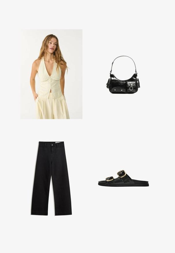 Halterový top vo svetložltej farbe s vertikálnymi pruhmi, ktorý sa vyznačuje hlbokým V-výstrihom a predným zapínaním na gombíky. Hladká tkanina s priliehavým strihom.; Čierne denimové nohavice s širokými nohavicami a vysokým pásom, so prednými a zadnými vreckami, šitými švami a zapínaním na gombík. Hladká textúra.; Čierne šľapky s dvoma zlatými prackami, hladký textúrovaný materiál, plochá podrážka a minimalistický dizajn.; Čierna laková kožená kabelka s ohnutým tvarom, jedným ramenným popruhom, prednými vreckami a striebornými kovovými doplnkami.