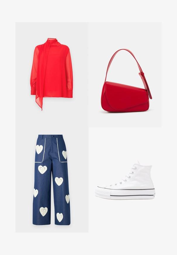 Red, sheer blouse with a high neck and long sleeves. Features a trailing fabric detail and buttoned cuffs. Tailored fit.; Sister Jane HEART TO HEART - Straight leg jeans - blue denim; White high-top canvas sneaker with black rubber sole, front rubber toe cap, and six eyelets for laces, featuring a clean, minimalist design.; Red leather handbag with an angular, geometric design. Features a single adjustable strap and a flap closure with stitched detailing.