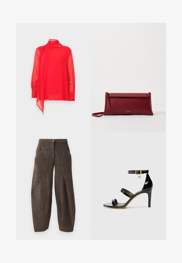 Red, sheer blouse with a high neck and long sleeves. Features a trailing fabric detail and buttoned cuffs. Tailored fit.; Brown wide-leg corduroy pants with high waist, front button closure, and angled seam details on legs.; Black patent leather sandal with three straps, ankle buckle, and 4-inch stiletto heel. Features gold hardware detail and logo charm.; Red leather clutch bag with a textured finish, featuring a flat fold-over top and a short strap. Subtle brand logo on the front.