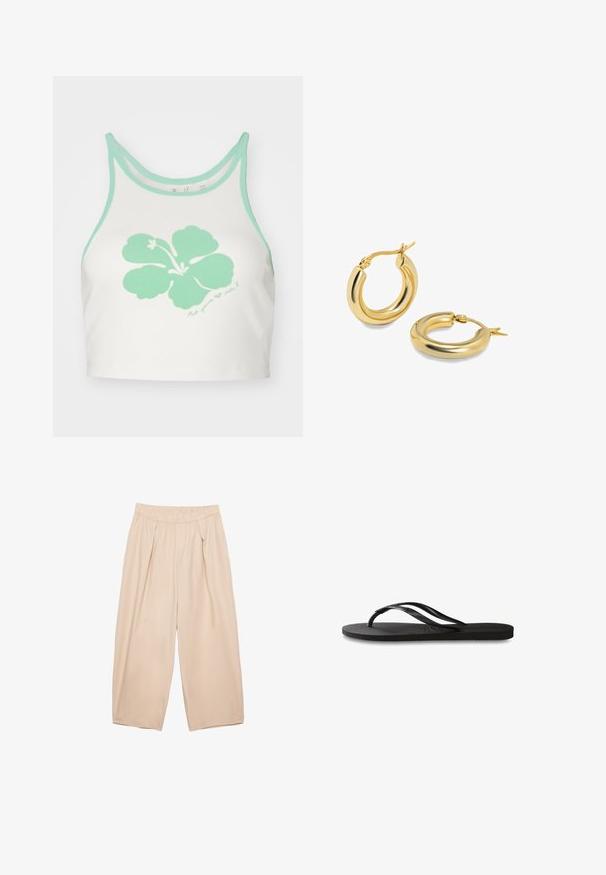 Biely crop top s mentolovo zeleným okrajom a veľkým mentolovo zeleným grafickým zobrazením kvetu hibiscus na prednej strane, s detaily ručne písaného textu nižšie.; Béžové široké nohavice s elastickým pásom, so záhybmi vpredu a hladkým, ľahkým materiálom. Bez viditeľných vreciek alebo vzorov.; Čierne žabky s textúrovanou gumovou podrážkou, dvoma štíhlymi popruhmi a diskrétnym embosovaným logom na popruhu.; Zlaté kruhové náušnice majú hladký, zaoblený dizajn s lesklým povrchom. Majú závesné zapínanie pre jednoduché nosenie.