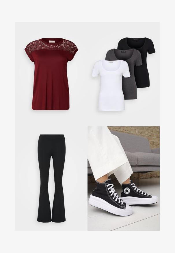 ONLY Carmakoma CARFLAKE LIFE S/S MIX JRS - Lihtne T-särk - syrah; Kolm mugavat T-särki valges, hallis ja mustas värvitoonis. Igal särgil on lai madal kaelus ja lühikesed varrukad. Valmistatud siledast, venivast kangast.; Mustad flared püksid venivast kangast, kõrge vöökoht ja sile tekstuur. Püksid laienevad põlve kohalt.; Mustad kõrge säärega tossud valgete kummist tallade ja paeltega. Omad ümmargust logomärki ja kontrastset valget õmblust. Materjaliks lõuend.