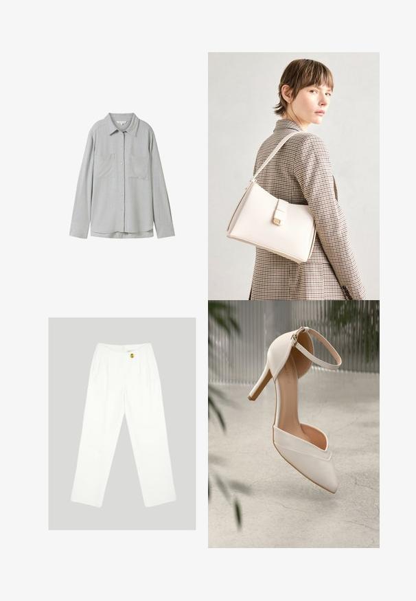 Hellgraues Langarmhemd aus weichem Stoff, mit durchgehender Knopfleiste, zwei Brusttaschen und klassischem Kragen.; Weiße, weit geschnittene Hosen aus glattem Material. Mit einem einzigen gelben Knopfverschluss und einem gefalteten Frontdesign. Keine sichtbaren Taschen.; Weiße High Heels aus glattem Material mit spitzem Schuhschild und Knöchelriemen. Mit einem hellbraunen Innenleben und goldfarbener Hardware-Akzentuierung.; Weiße Lederhandtasche mit strukturiertem Design, ausgestattet mit einem Magnetverschluss und einem Schulterriemen, präsentiert vor einem neutralen Hintergrund.