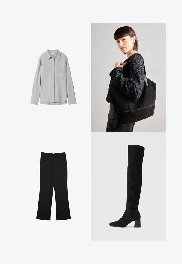 Camicia a maniche lunghe di colore grigio chiaro, realizzata in tessuto morbido, con chiusura a bottoni sul davanti, due tasche sul petto e colletto classico.; Pantaloni neri a gamba dritta, con tasche frontali e spacchi laterali all'orlo. Realizzati in tessuto morbido e liscio. Adatti a diverse occasioni.; Stivale in suede nero alto fino al ginocchio con tacco a blocco, punta affusolata e design liscio e senza cuciture su uno sfondo chiaro e semplice.; Borsa tote nera in suede con una texture liscia, forma strutturata e cuciture a contrasto. Presenta lunghe tracolle per il trasporto a spalla.